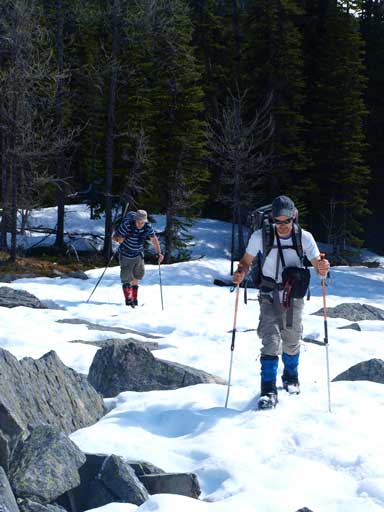 Ben and Eric hiking on the snow. I already strapped my snowshoes on