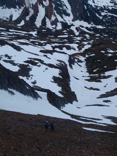 Descending the other side of Kinross Col. Again, scree and then, snow. 
