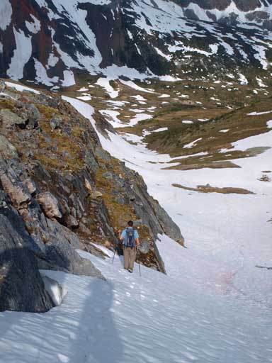 Eric searching for an exit line to cut skier's left