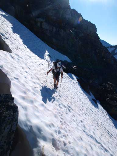 Crossing the first snow gully