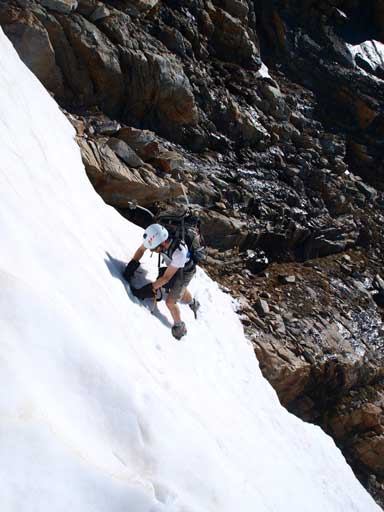 Ben crossing the crux snow gully