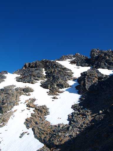 I went straight up the obvious snow route. The summit is the highest point you see in this photo