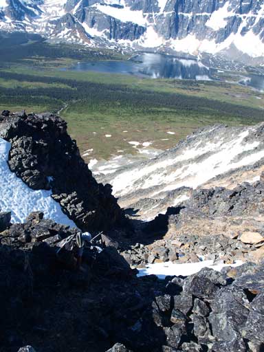 Looking down our descent gully