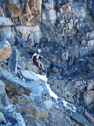 Ben carefully descending loose terrain
