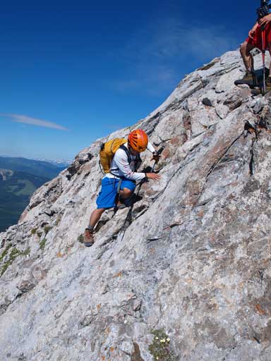 Scrambling down some slabs