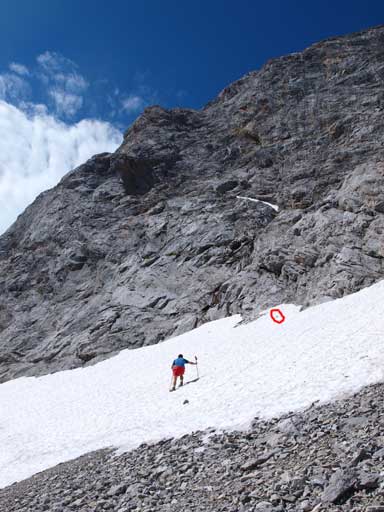A gusting wind blew away Grant's hat, and he had to get up a snow slope to retrieve it (in red circle)