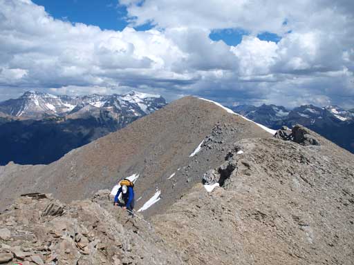 Wietse coming up a scrambly step to the sub-summit