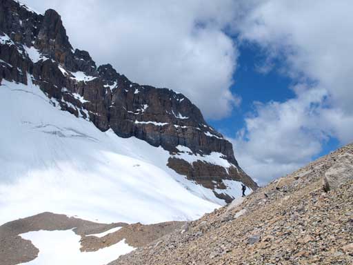 Scree skiing with impressive view behind.
