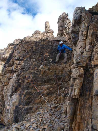 Ben down-climbing that moderate/difficult chimney