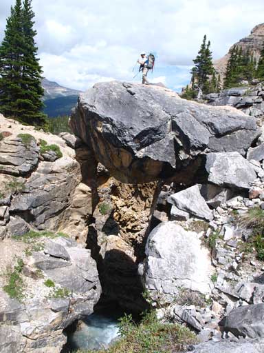 The traditional route to Bow Hut goes over this boulder.. What a place to cross the stream!