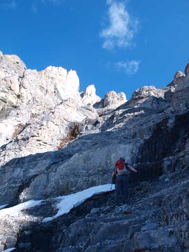 Scrambling up towards more cliffy terrain