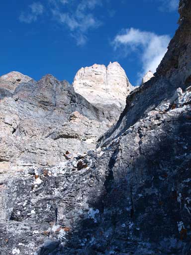 Terrain just above the first crux is still very steep, and loose