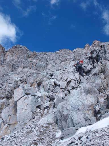 Down-climbing the last bit to leave the upper gully behind.