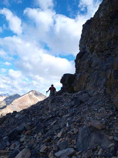 At the base of scrambling section, Mike traversed climber's left to the correct gully