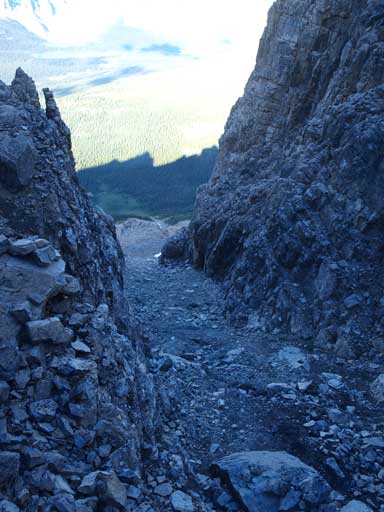 Looking down at the gully. A bit of rockfall zone...