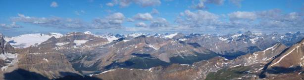 Panorama of familiar peaks west of Mistaya River