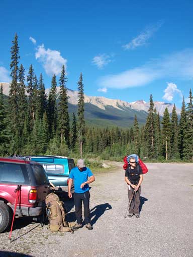 At parking lot with our big packs