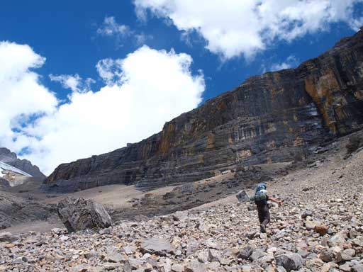 Aiming climber's right up a pile of scree