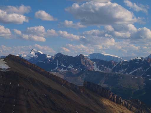 Sunwapta Peak is a big glaciated one on left. Kitchener is the rounded peak in background.