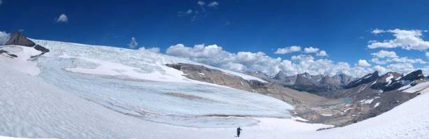 Almost back to our bivy site. Panorama view of the glacier