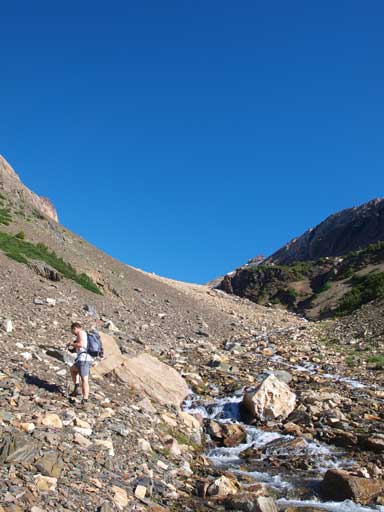 Eric hiking up the approach drainage