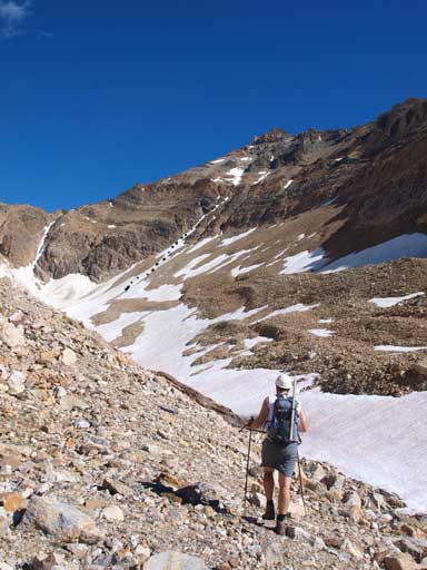 Hiking towards the base of Nelson's face. We would go up the obvious snow gully left of center.