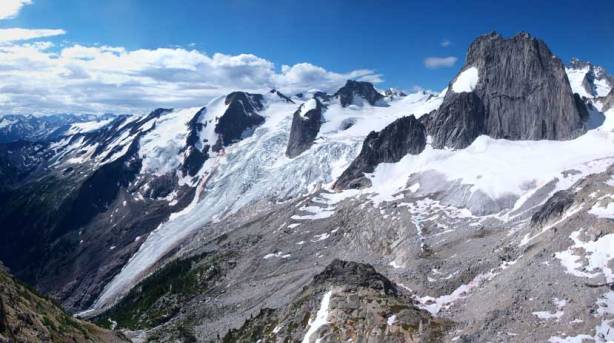 Panorama of Bugaboo Glacier from the west ridge of Eastpost Spire