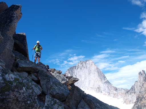 Ready to drop to climber's left side