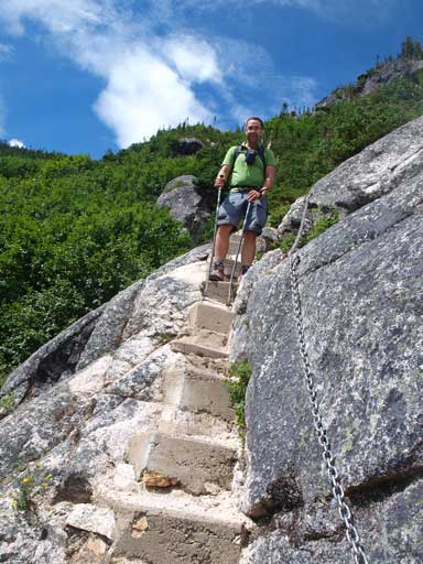 Hiking down the trail. Note the chain and concrete staircases 