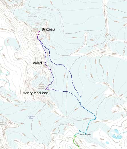 Brazeau to Valad to Henry MacLeod traverse route