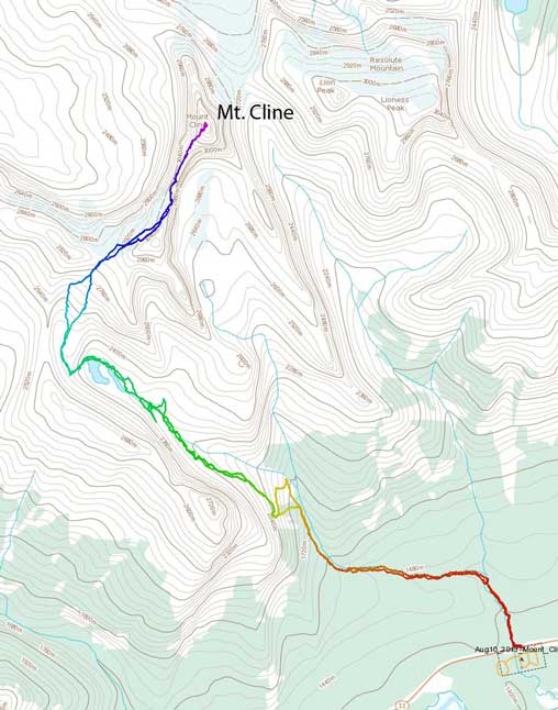 Mt. Cline ascent route via SW Ridge. Alpine II, 5.4