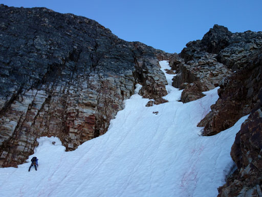 Don't do what I did here. You should never be on the opposite side of this snow gully. I had to backtrack and must have wasted half an hour here. Photo by Mike Mitchell