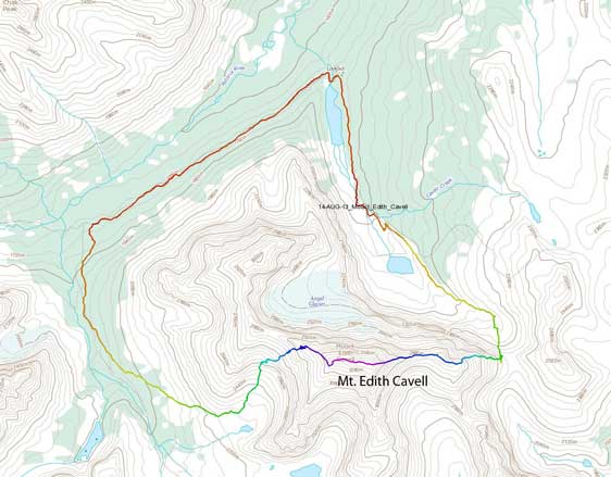 Mt. Edith Cavell traverse route (up E. Ridge down W. Ridge)