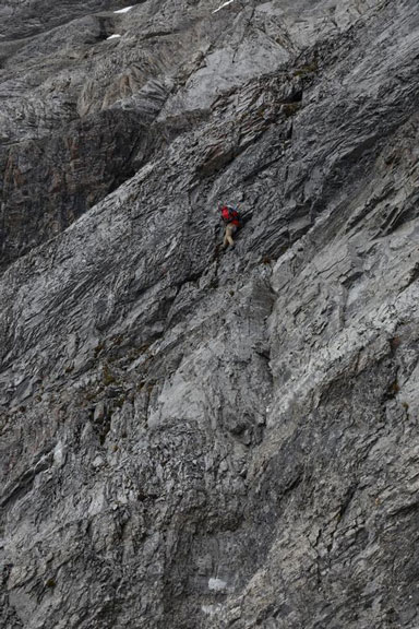 Same, me down-climbing the crux. Photo by Ben N
