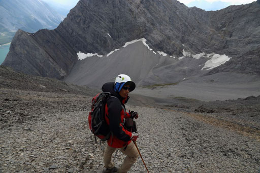 We eventually cleared the rock bands. Time to scree ski! Photo by Ben N