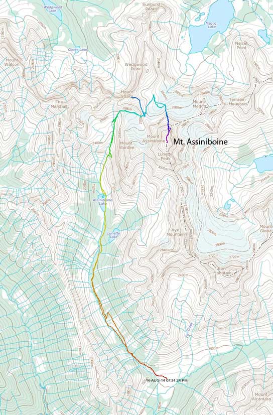 Mt. Assiniboine approach and ascent route via BC side and NE Ridge