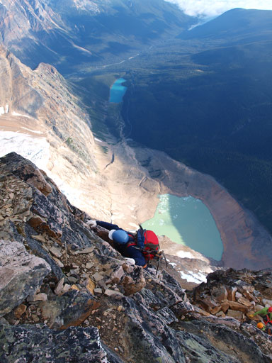 Grant picking another line. This line is exposed to the entire north face drop-off.
