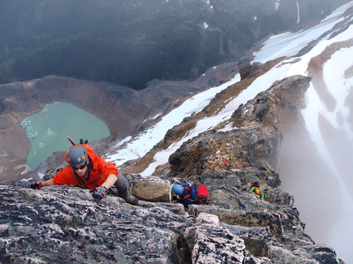 What Mike had to do was traversing climber's left on ledges before climbing up to where I was standing