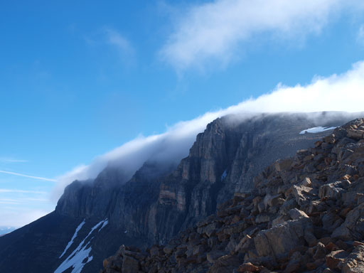 Interesting clouds rolling in and out obscuring the summit of Mount Daly