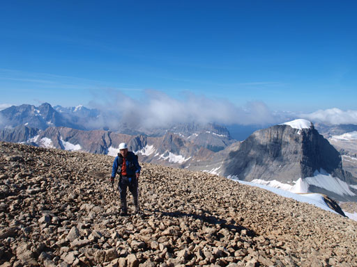 Rod coming up the broad summit ridge