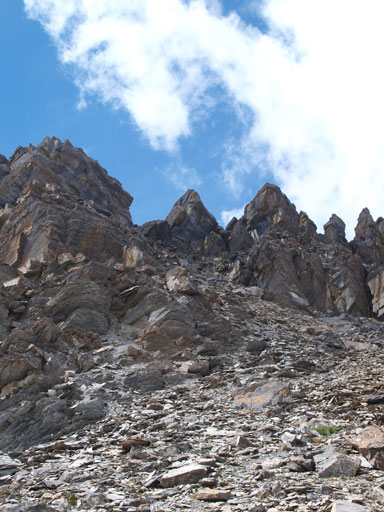 The initial part goes up this gully. Easy to moderate scrambling