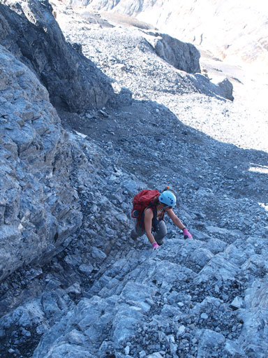 Descending the upper loose terrain