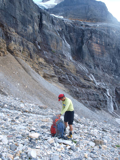 Taking a break below some waterfalls