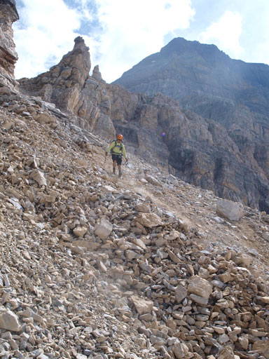 Over the col, time to scree ski