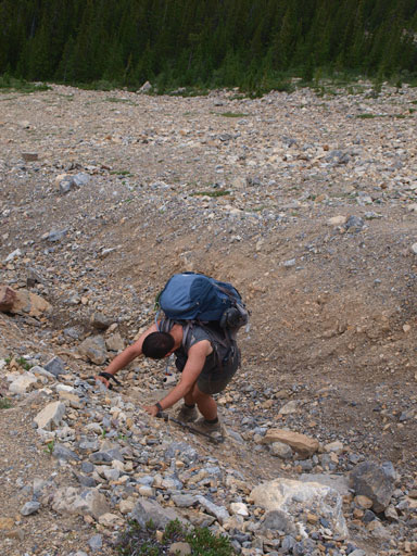 Eric negotiating the hard moraine