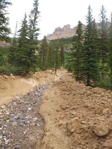 Crossing an interesting mud creek. Dolomite Peak behind.