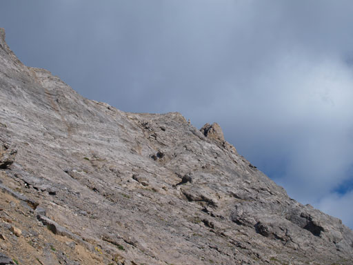 The waterworn gully is the obvious one on this slab face. Clouds were rollin' in fast