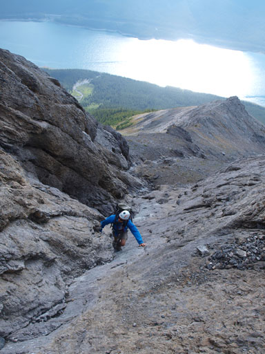Scrambling up the waterworn gully