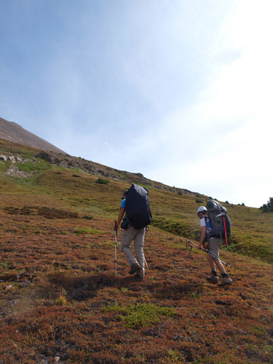 Vern and Ben hiking up the mountain