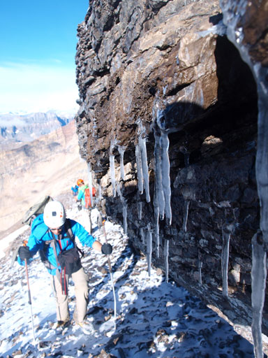 Ben traversing a corner. Note the ice
